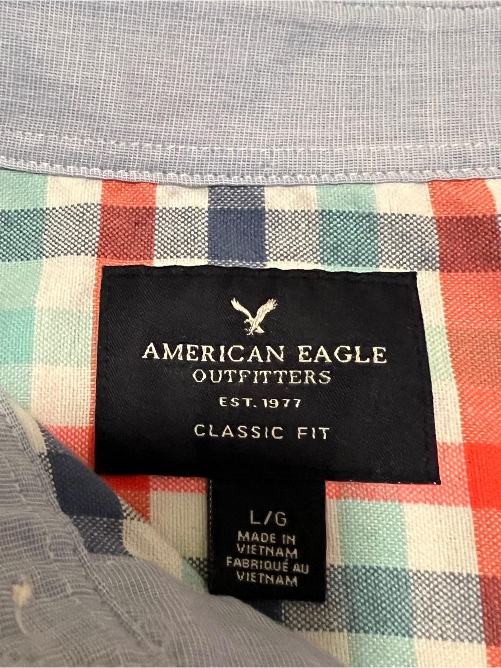 American Eagle Outfitters Men’s Coral, Blue & White Plaid Button-Down Shirt - Picture 3 of 4